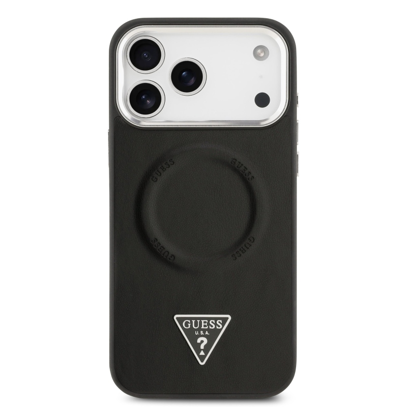 Guess PU kožený zadný kryt MagSafe s trojuholníkovým logom pre iPhone 17 Pro Black