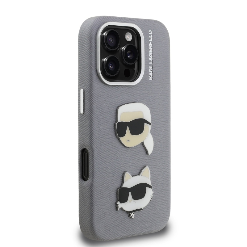 Karl Lagerfeld Grained PU K&CH Heads Zadný Kryt pre iPhone 16 Pro Grey