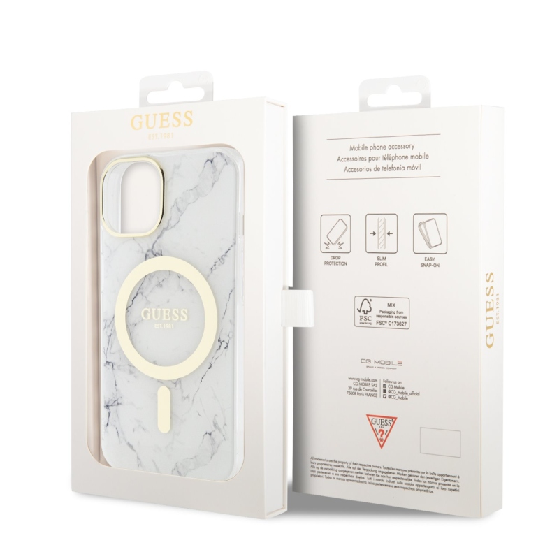 Guess IML Marble MagSafe Zadný Kryt pre iPhone 13 White