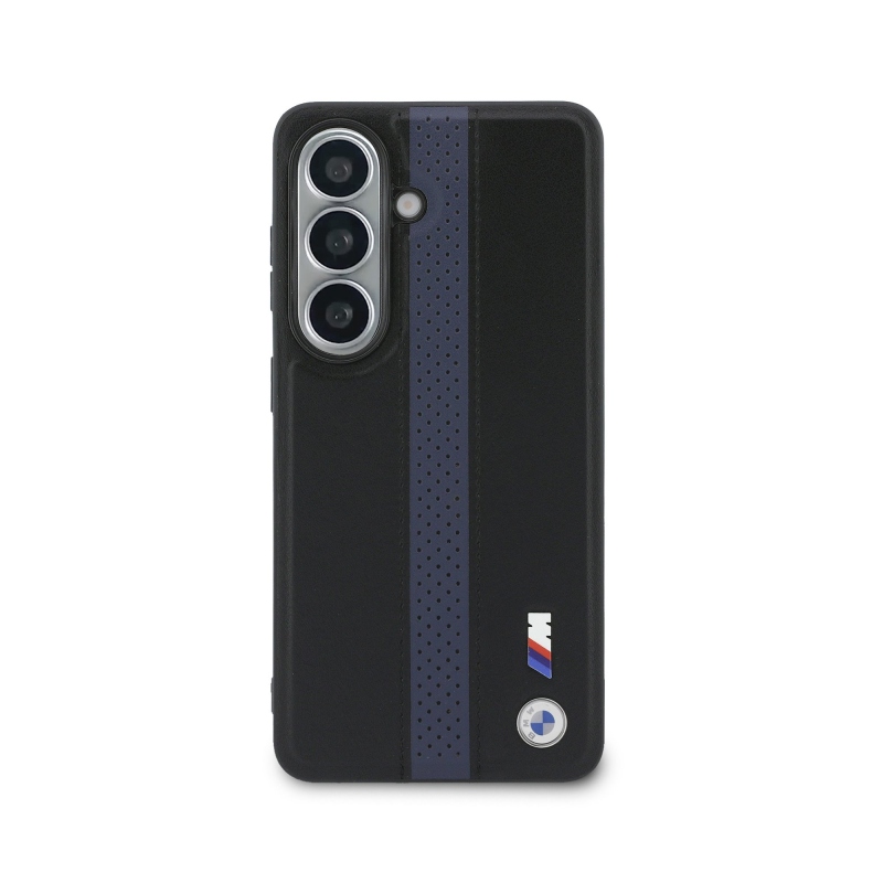 BMW M PU kožený perforovaný zadný kryt s pruhmi a kovovým logom pre Samsung Galaxy S26 Blue