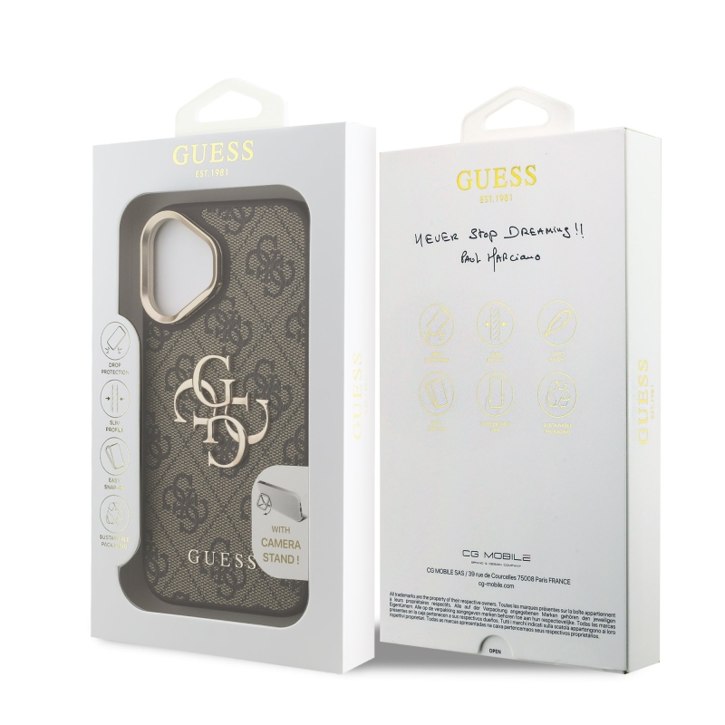 Guess PU 4G Metal Logo Stand Camera Frame Zadný Kryt pre iPhone 16 Brown