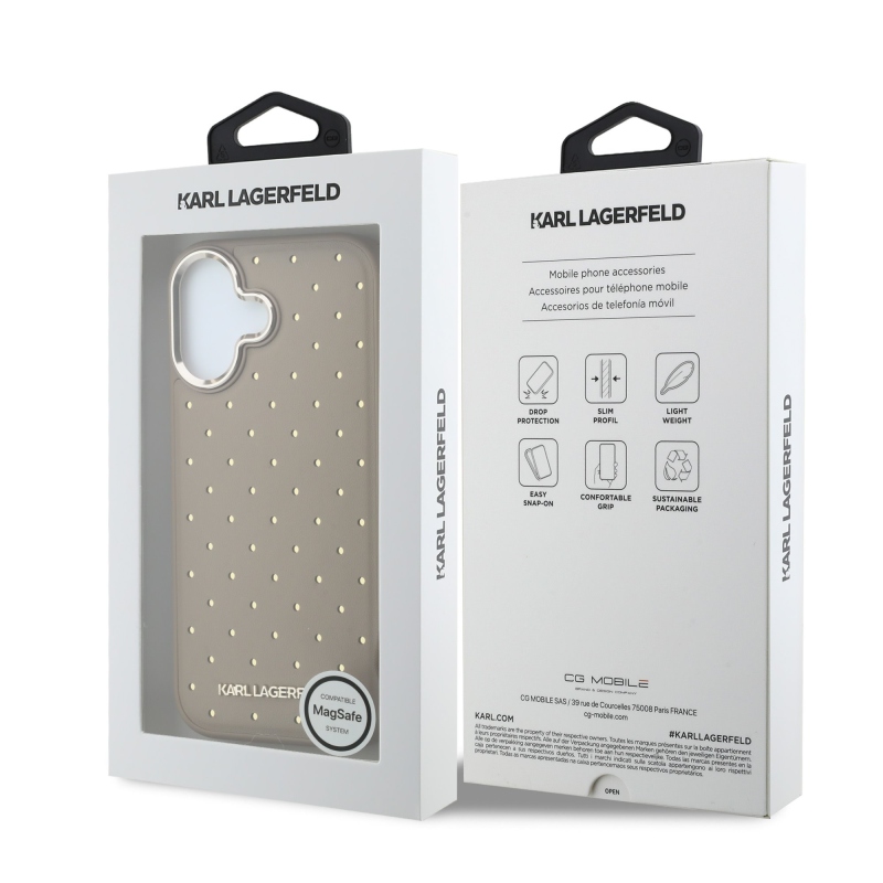Karl Lagerfeld PU Perforated Gold Dots MagSafe zadný kryt pre iPhone 17, béžový