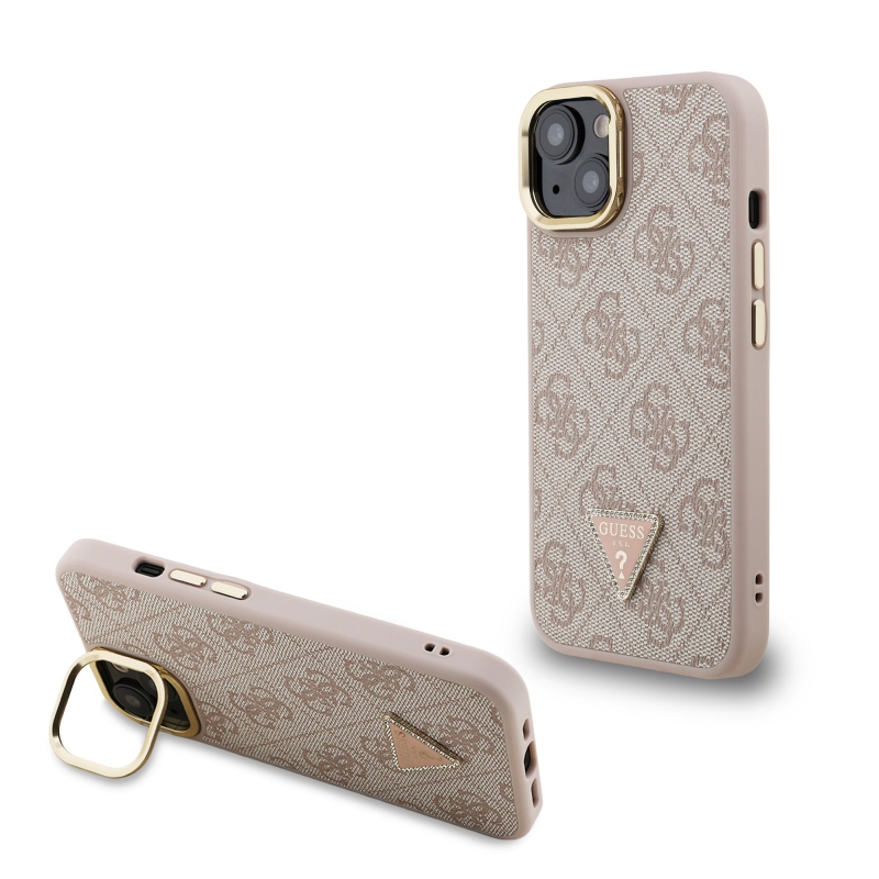 Guess PU 4G Strass Triangle Logo Stand Camera Frame MagSafe Zadný Kryt pre iPhone 13 Pink