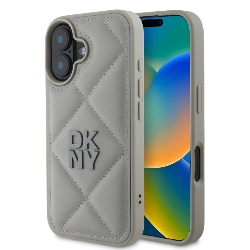 DKNY PU Leather Quilted Stack Logo Zadný Kryt pre iPhone 16 Plus Grey