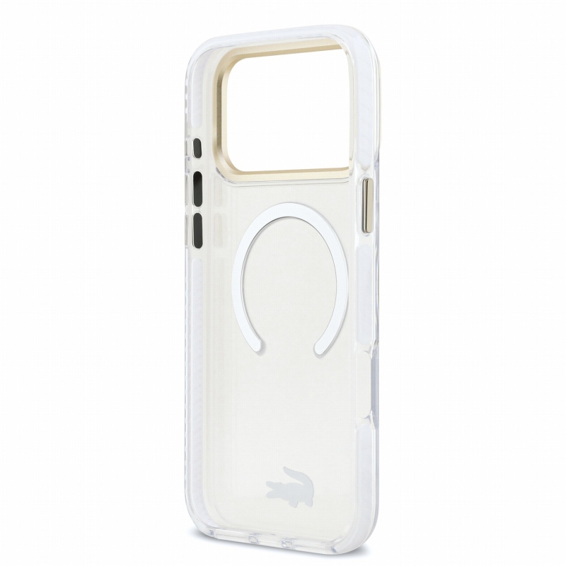 Lacoste IML Shockproof Petit Pique Gold Logo MagSafe zadný kryt pre iPhone 18 Pro Max, priehľadný