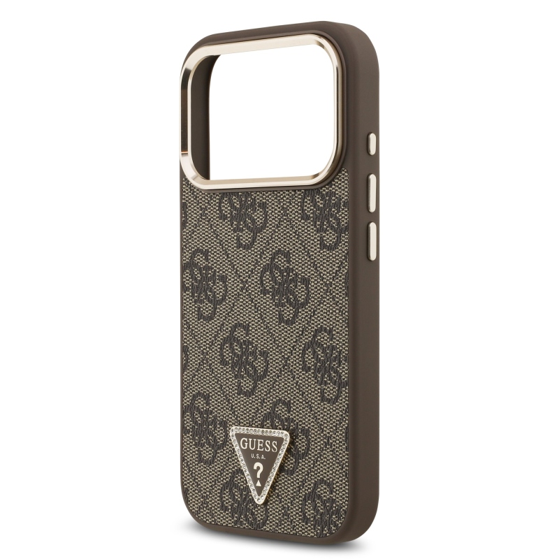 Guess PU kožený 4G štrasové trojuholníkové logo Gold Frame MagSafe zadný kryt pre iPhone 17 Pro Brown