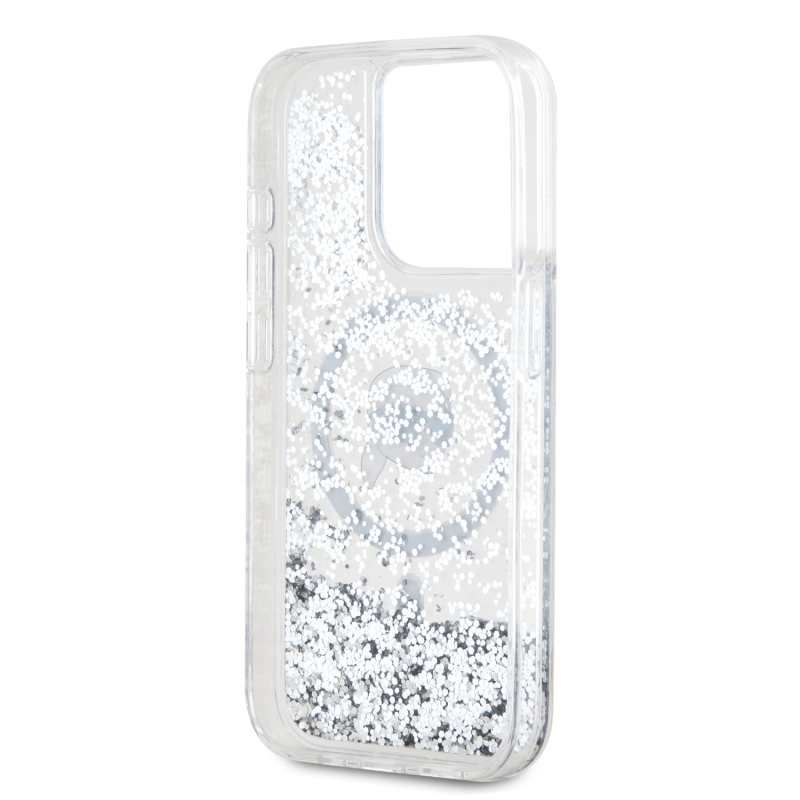 Karl Lagerfeld Liquid Glitter Karl Head MagSafe Zadný Kryt pre iPhone 15 Pro Transparent