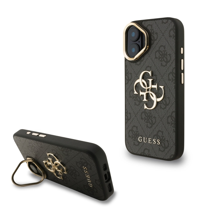 Guess PU 4G Metal Logo Stand Camera Frame Zadný Kryt pre iPhone 16 Black