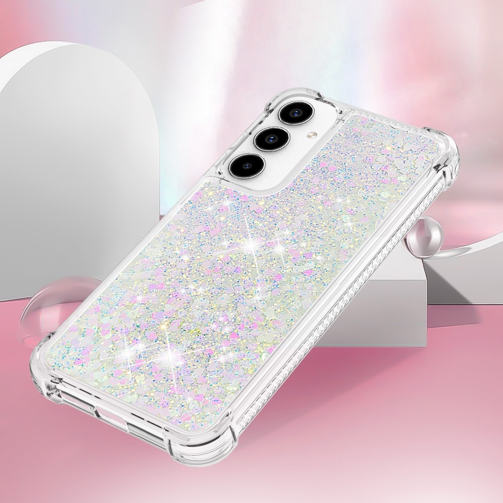 Glitter gélový presýpací obal na Samsung Galaxy A55 5G - ružovo strieborný/srdiečka