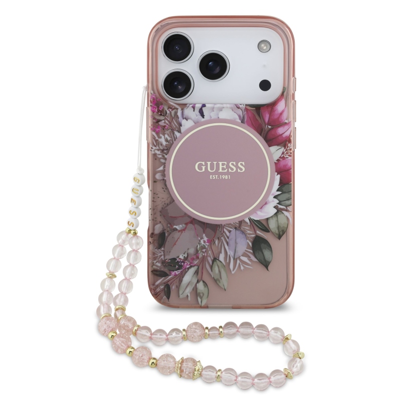 Guess IML Flowers Strap MagSafe zadný kryt pre iPhone 17 Pro Pink