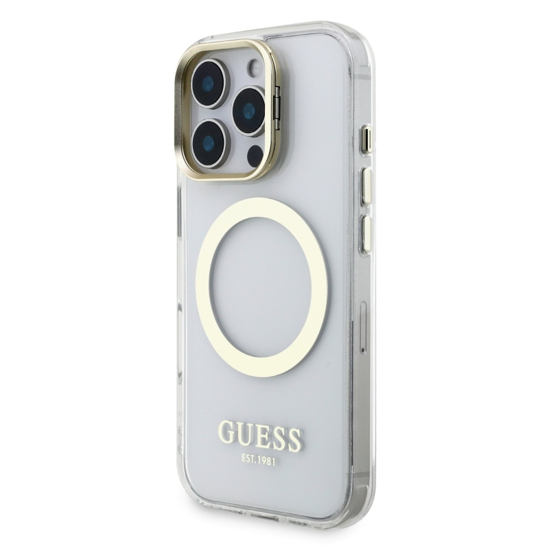 Guess IML Gold Outline Stand Camera Frame MagSafe Zadný Kryt pre iPhone 16 Pro Transparent