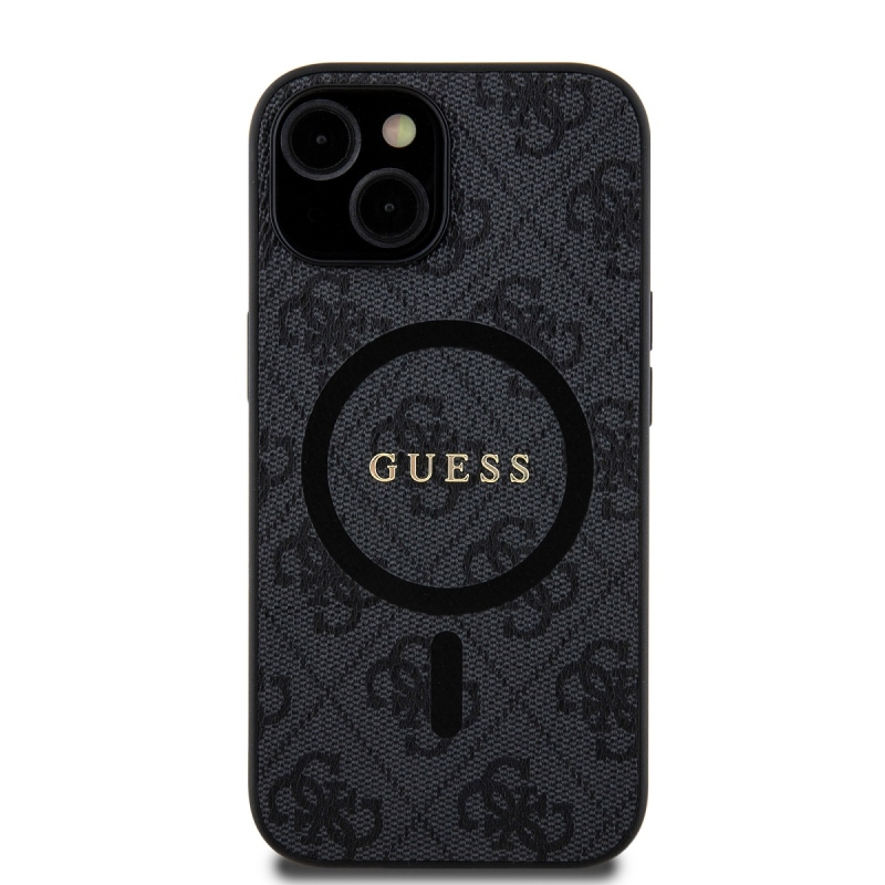 Guess PU Leather 4G Colored Ring MagSafe Zadný Kryt pre iPhone 15 Black