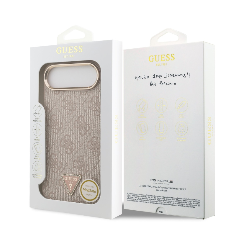Guess PU kožený 4G štrasové trojuholníkové logo Gold Frame MagSafe zadný kryt pre iPhone Air Pink