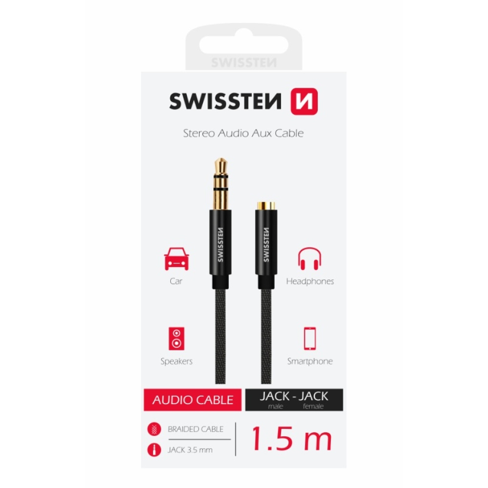 Audio kábel Swissten textile JACK (samec) / JACK (samica) 1,5 m - čierny