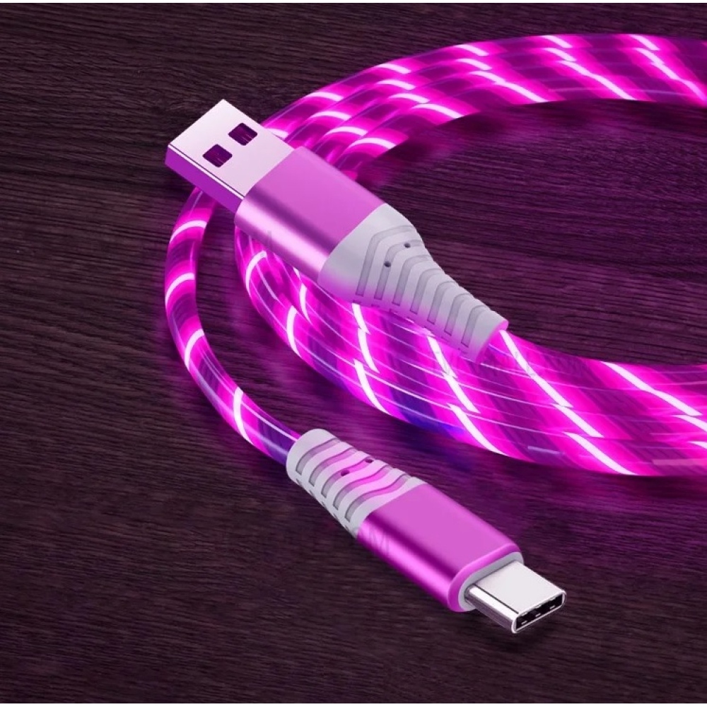 LED svietiaci USB kábel Typ-C 3A pre nabíjanie a synchronizáciu 1m - ružový/červený