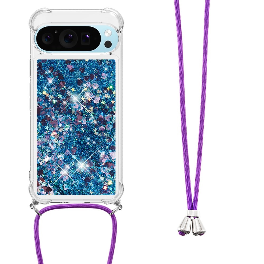 Glitters presýpací gélový obal so šnúrkou na Google Pixel 10 Pro/Pixel 10 - modrý/srdiečka