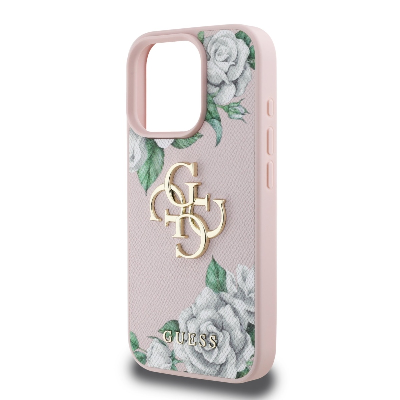 Guess PU Grained Roses 4G Metal Logo Zadný Kryt pre iPhone 16 Pro Pink