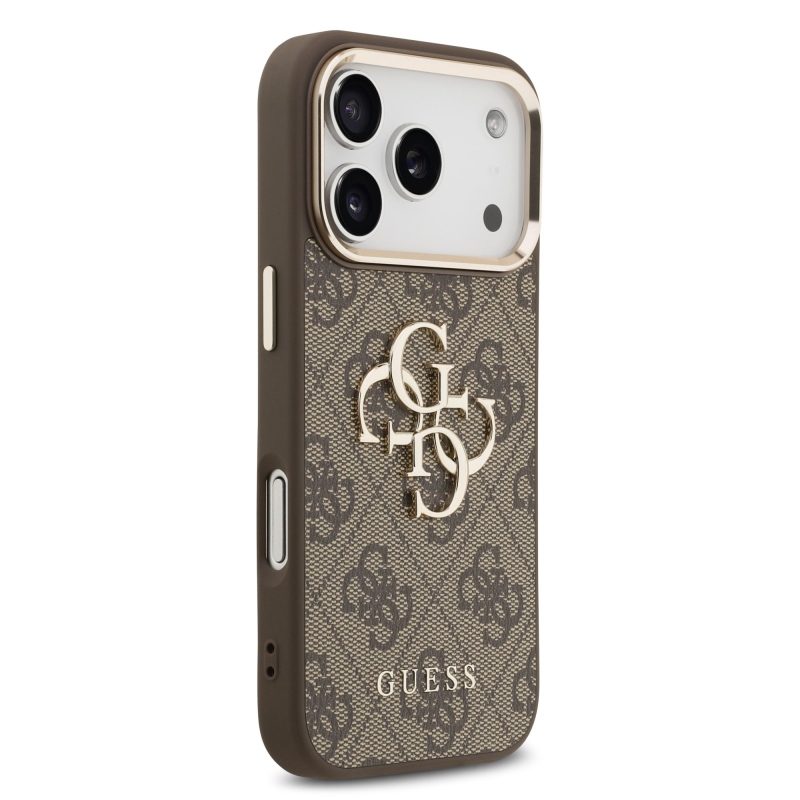 Guess PU kožený 4G kovové logo Gold Frame zadný kryt pre iPhone 17 Pro Brown