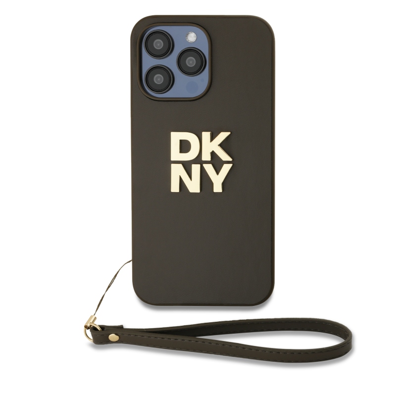 DKNY PU Leather Stack Logo Wrist Strap Zadný Kryt pre iPhone 15 Pro Max Brown