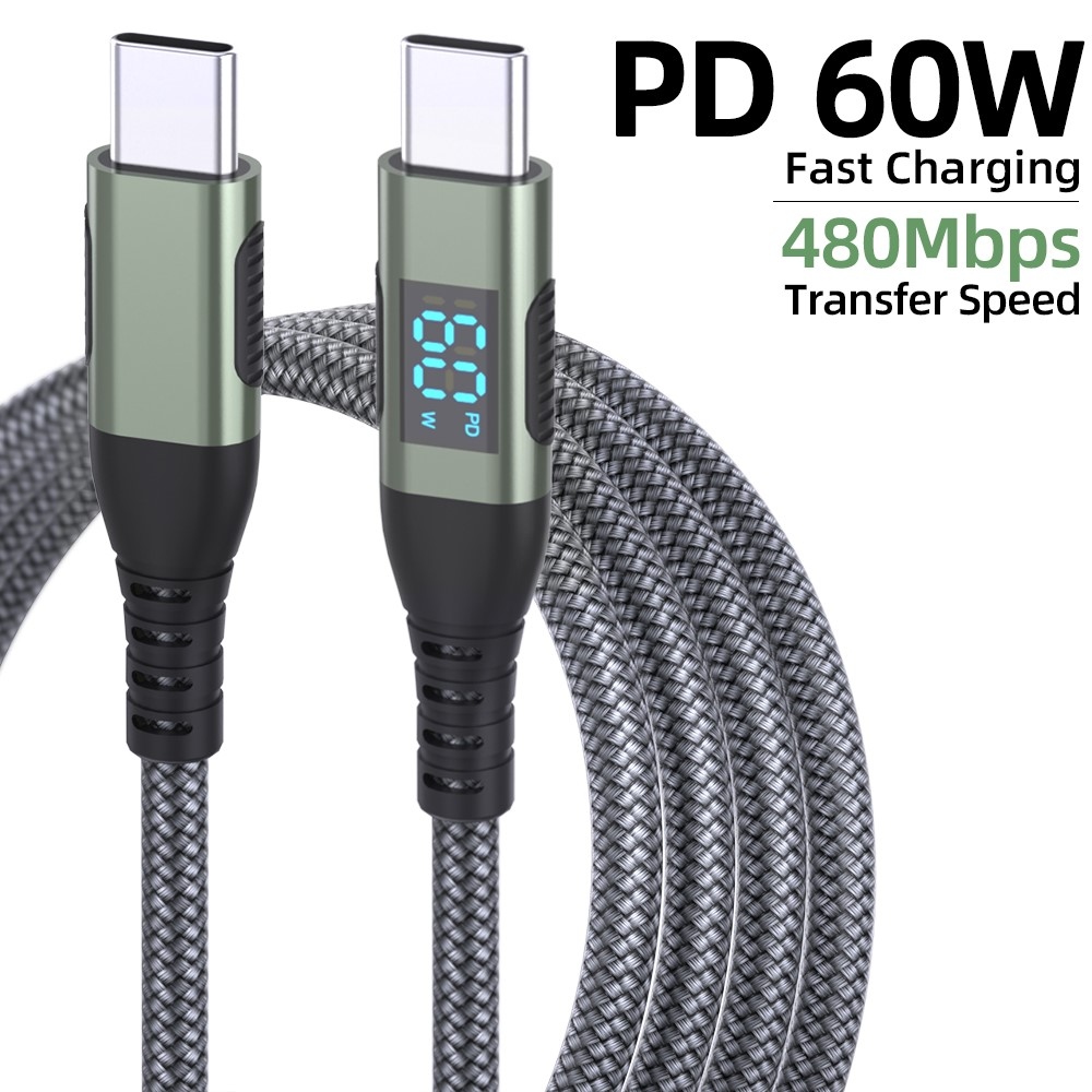 Nylonový kábel USB-C / USB-C s displejom 3m 60W - šedý