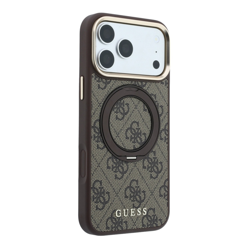 Guess PU 4G Ring Stand MagSafe zadný kryt pre iPhone 18 Pro, hnedý