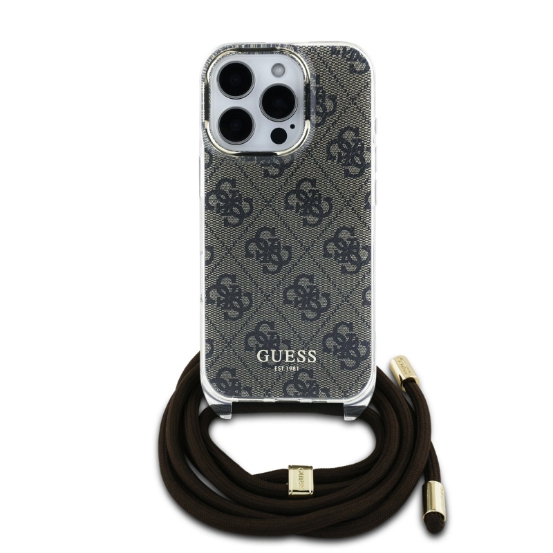 Guess IML 4G Printed Crossbody Popruh Zadný Kryt pre iPhone 16 Pro Brown