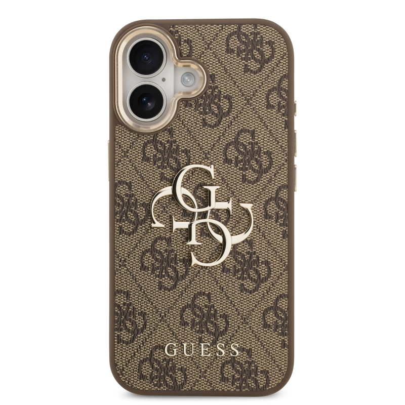 Guess PU kožený 4G kovové logo Gold Frame zadný kryt pre iPhone 17 Brown