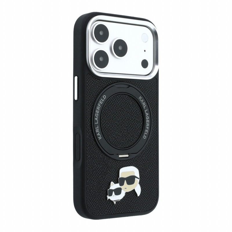 Karl Lagerfeld PU Grained K&CH Heads Ring Stand Magsafe zadný kryt pre iPhone 18 Pro Max, čierny