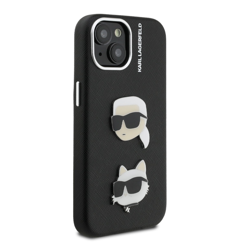 Karl Lagerfeld Grained PU K&CH Heads Zadný Kryt pre iPhone 15 Black