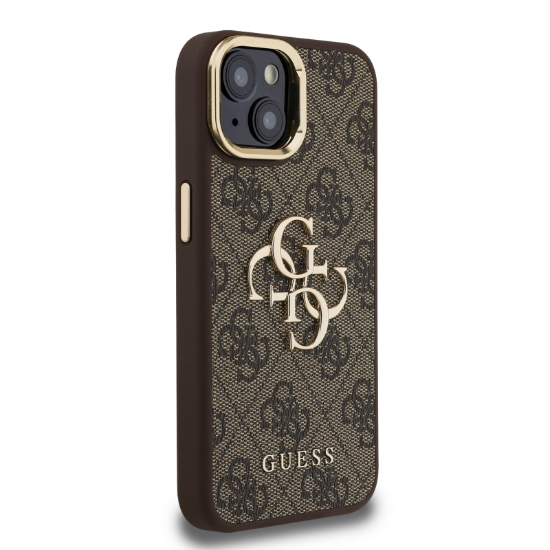 Guess PU 4G Metal Logo Stand Camera Frame Zadný Kryt pre iPhone 14 Brown