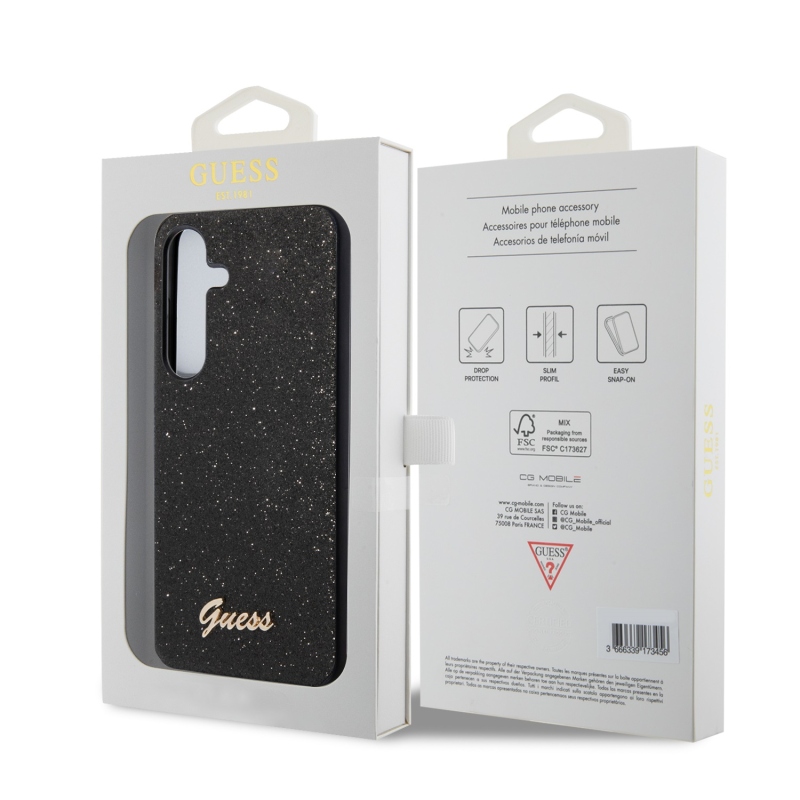 Guess PC/TPU Glitter Flakes Metal Logo Zadný Kryt pre Samsung Galaxy S24 Black