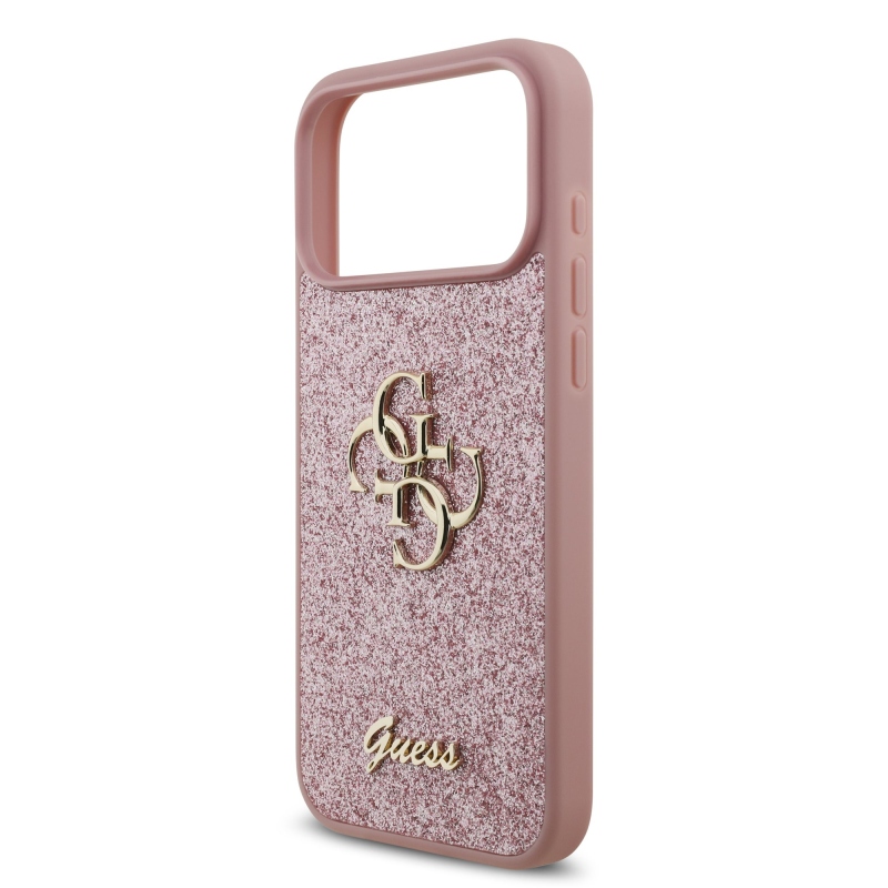 Guess PU Fixed Glitter 4G Metal Logo – zadný kryt pre iPhone 18 Pro Max v ružovej farbe