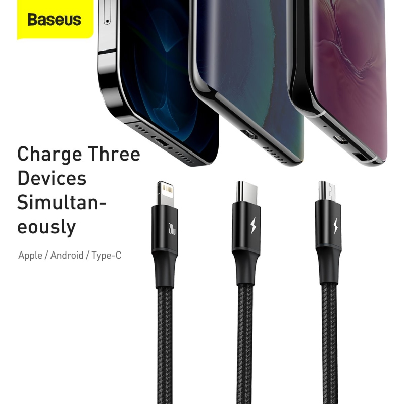 Baseus Rapid Series 3v1 Fast Charging Dátový Kábel USB-C - USB-C/Lighting/MicroUSB 20W 1.5m Black