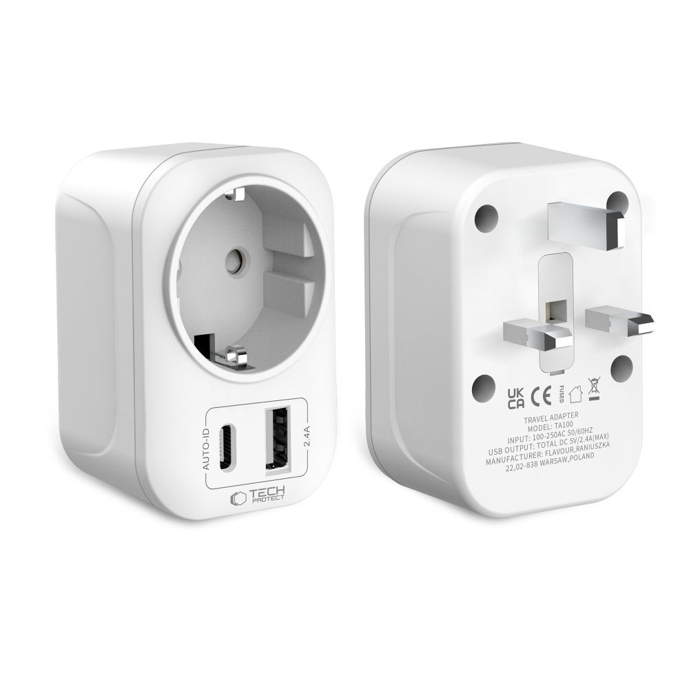 Tech-Protect TA100 cestovný adaptér UK na EÚ s USB-C a USB-A