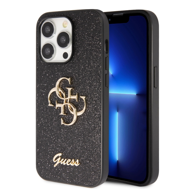 Guess PU Fixed Glitter 4G Metal Logo Zadný Kryt pre iPhone 15 Pro Max Black