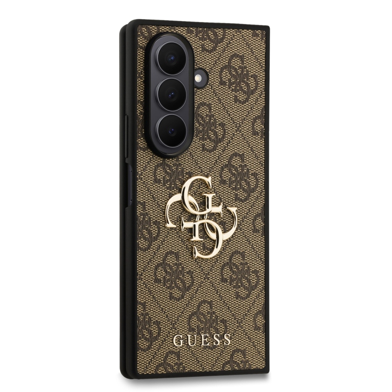 Guess PU 4G Kovový zadný kryt s logom pre Samsung Galaxy Z Fold 7 Brown