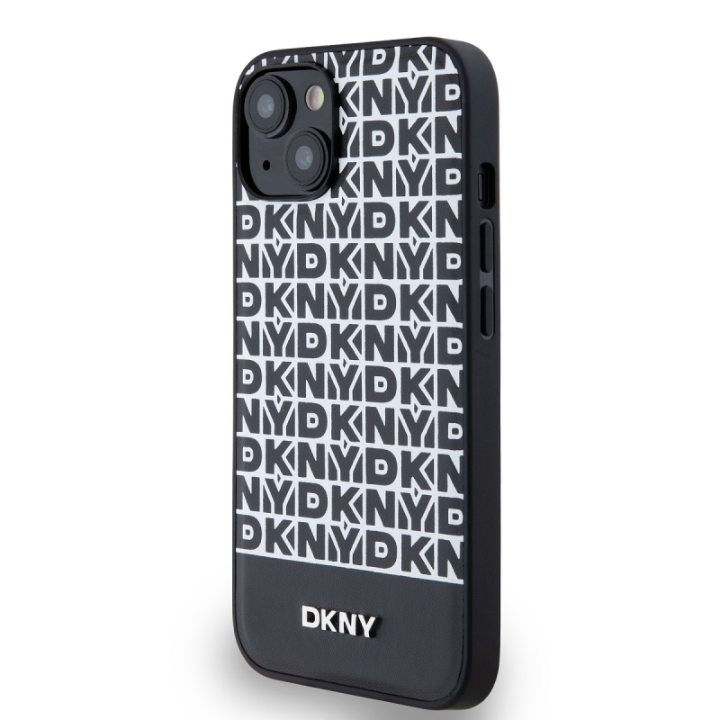 DKNY PU Leather Repeat Pattern Bottom Stripe MagSafe Zadný Kryt pre iPhone 14 Black