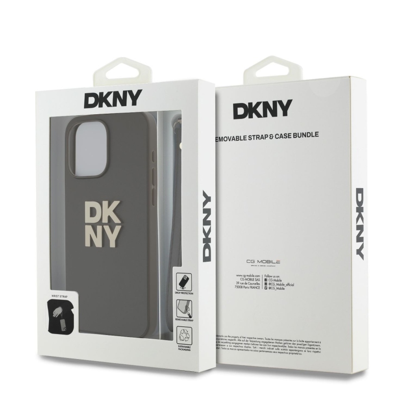 DKNY PU Leather Stack Logo Wrist Strap Zadný Kryt pre iPhone 15 Pro Max Brown