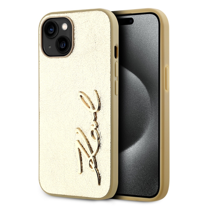 Karl Lagerfeld Wrinkled PU Signature Logo Zadný Kryt pre iPhone 14 Gold