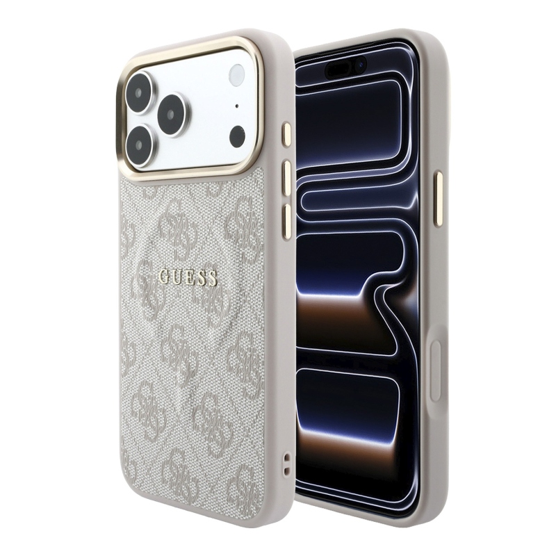 Guess PU koža 4G so zlatým rámom a reliéfom, zadný kryt MagSafe pre iPhone 18 Pro, ružový