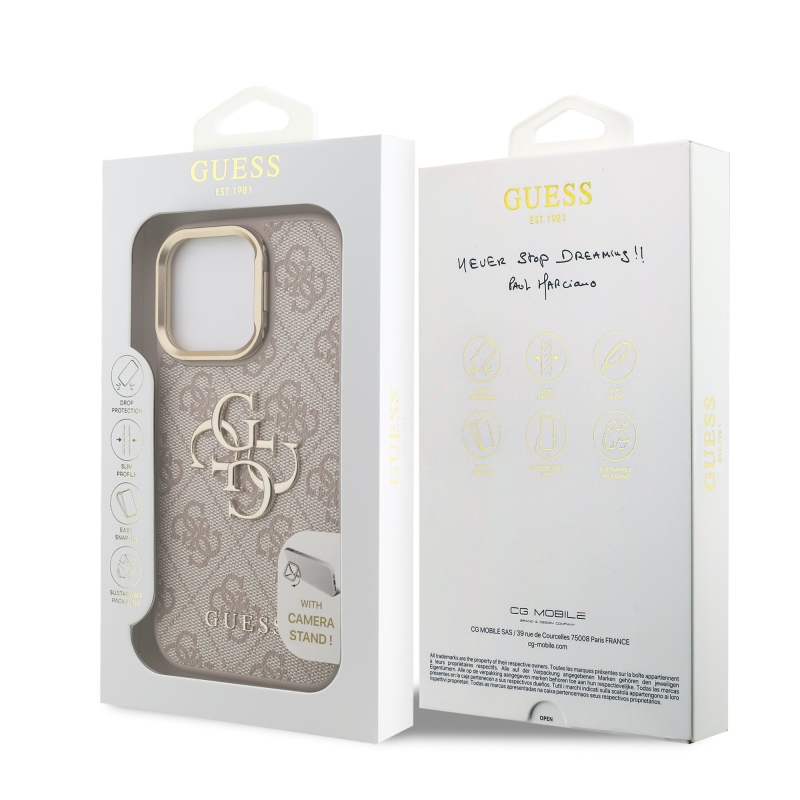 Guess PU 4G Metal Logo Stand Camera Frame Zadný Kryt pre iPhone 16 Pro Pink