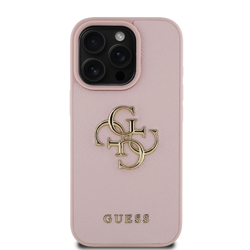 Guess PU Grained 4G Metal Logo Zadný Kryt pre iPhone 15 Pro Pink