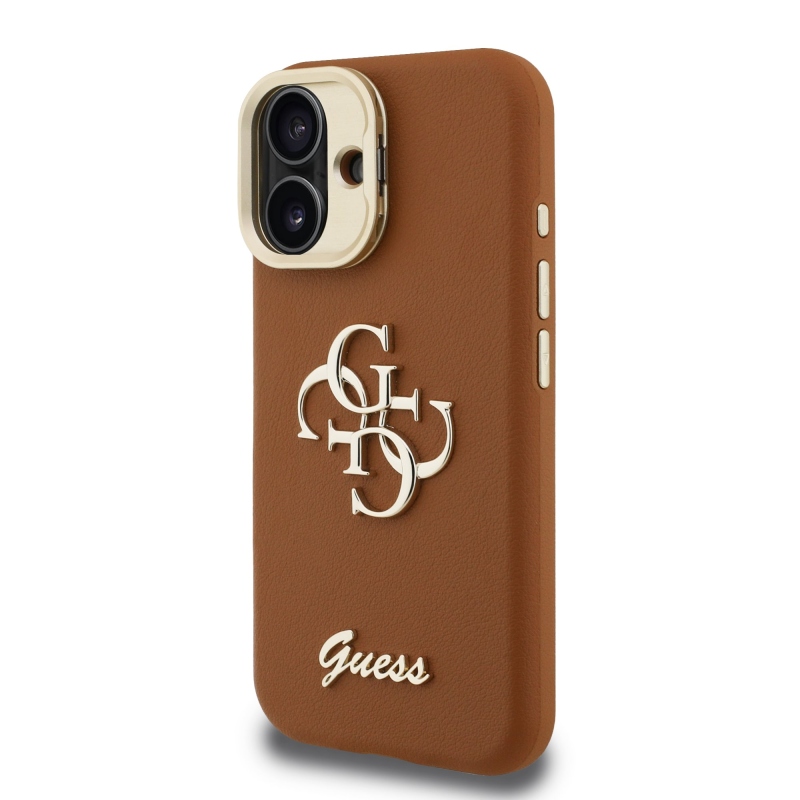 Guess PU Grained 4G Logo Stand Camera Frame Zadný Kryt pre iPhone 16 Brown