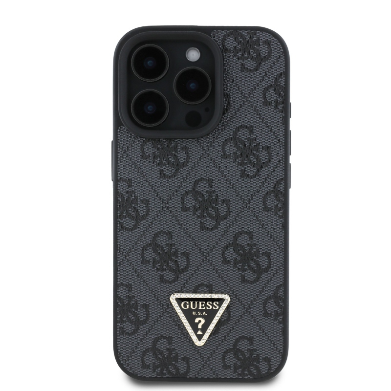 Guess PU 4G Strass Triangle Metal Logo Zadný Kryt pre iPhone 16 Pro Black