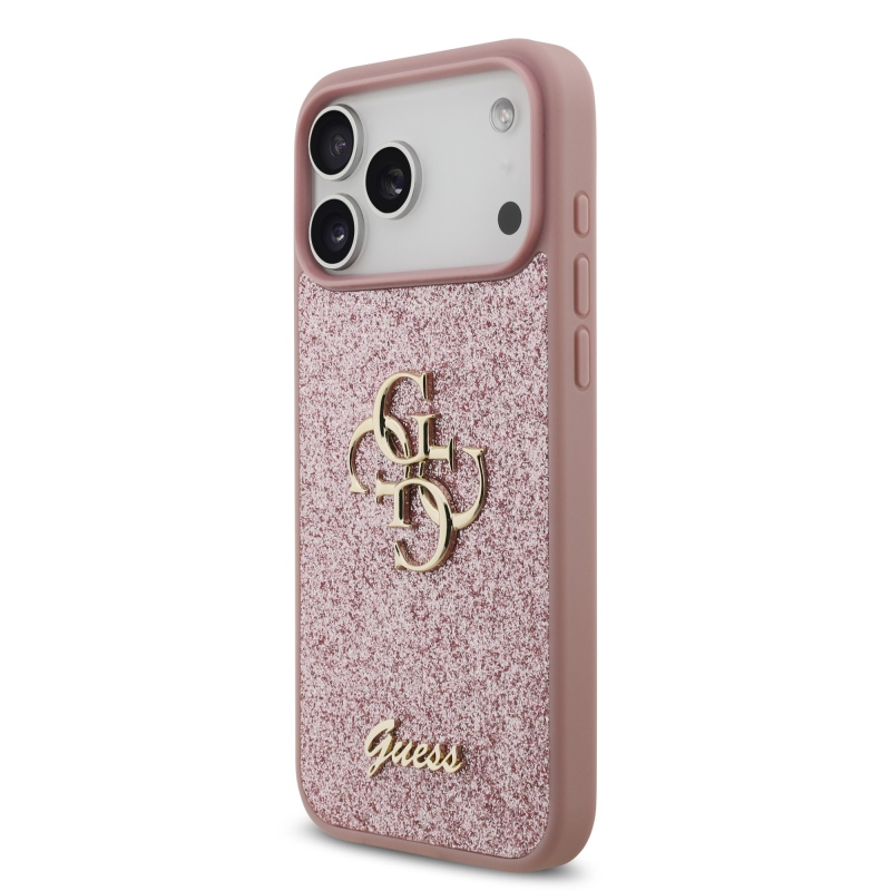 Guess PU Fixed Glitter 4G Metal Logo – zadný kryt pre iPhone 18 Pro Max v ružovej farbe