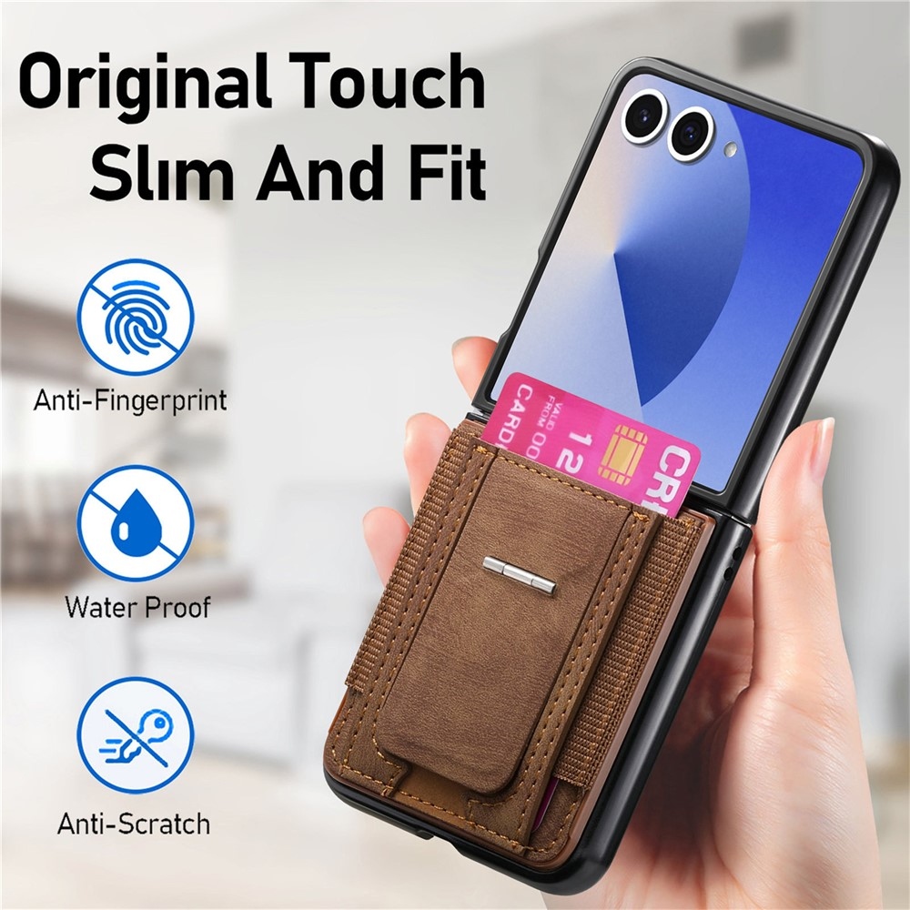 Luxurious plastový kryt s umelou kožou na Samsung Galaxy Z Flip7 5G - hnedý