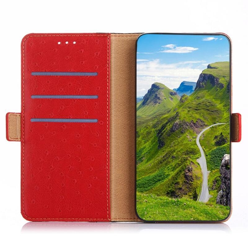 Pštros PU kožené peněženkové puzdro na mobil Xiaomi Poco F3 - červené