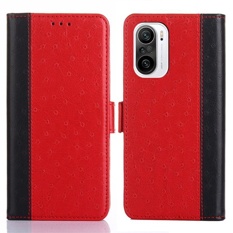 Pštros PU kožené peněženkové puzdro na mobil Xiaomi Poco F3 - červené