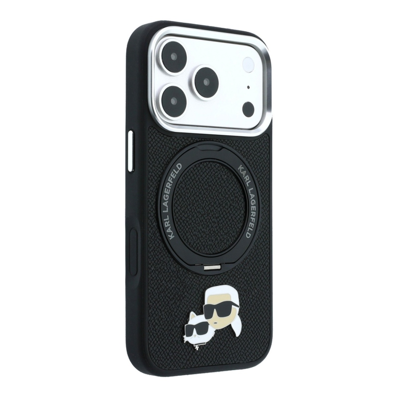 Karl Lagerfeld PU Grained K&CH Heads Ring Stand Magsafe zadný kryt pre iPhone 18 Pro, čierny