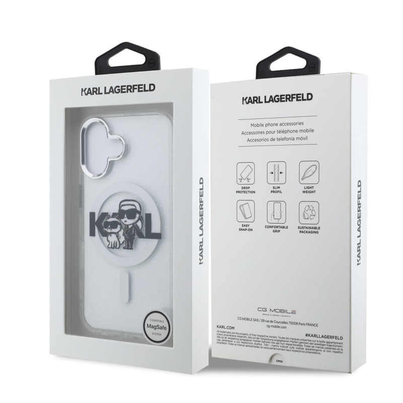 Karl Lagerfeld IML Glitter Karl and Choupette Sketch MagSafe Zadný Kryt pre iPhone 16 Transparent